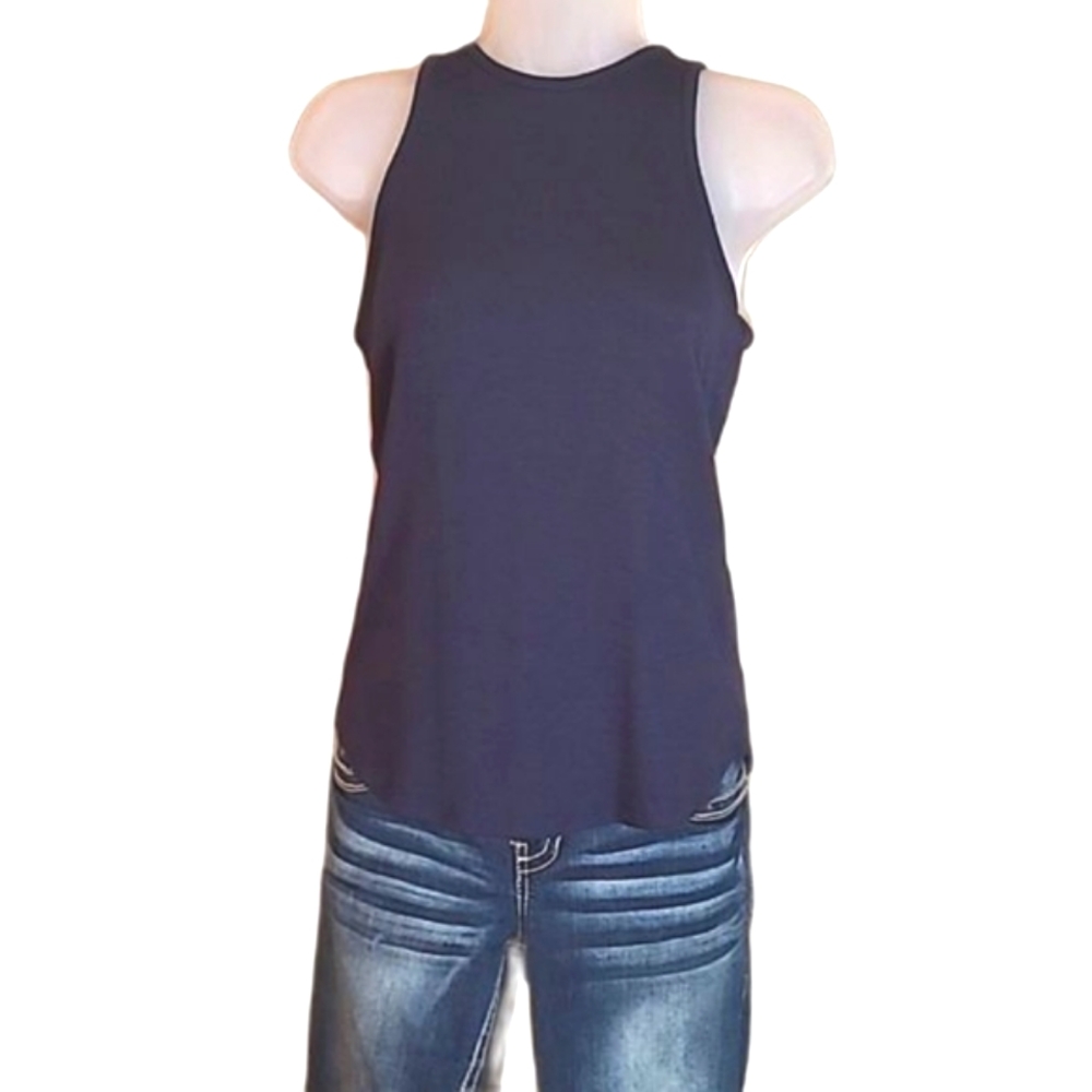 Banana Republic Racerback Tank Top High Neck Sleeveless Knit Blouse Curved Hem